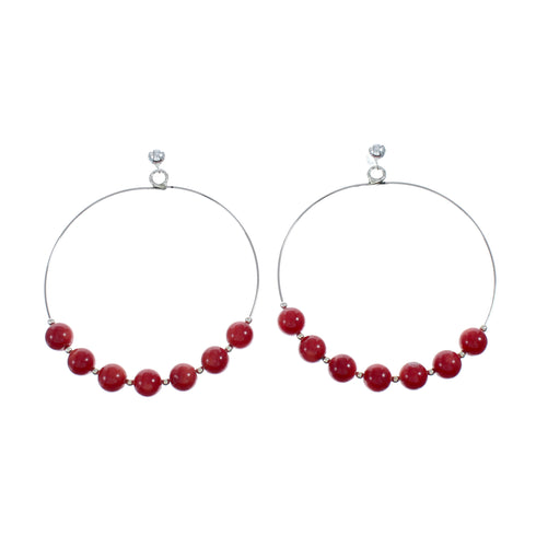 Native American Coral Genuine Sterling Silver Post Hoop Earrings NX11641