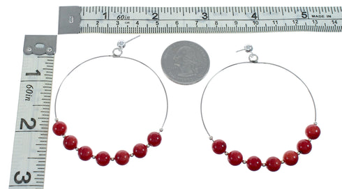 Native American Coral Genuine Sterling Silver Post Hoop Earrings NX11641