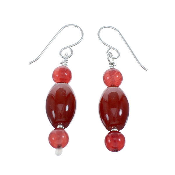 Navajo Carnelian Silver Bead Hook Dangle Earrings NX11648