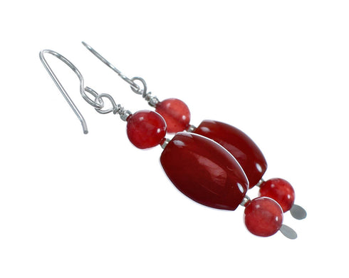 Navajo Carnelian Silver Bead Hook Dangle Earrings NX11648