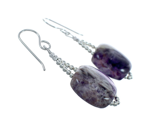 Native American Sterling Silver Amethyst Bead Hook Dangle Earrings NX11659