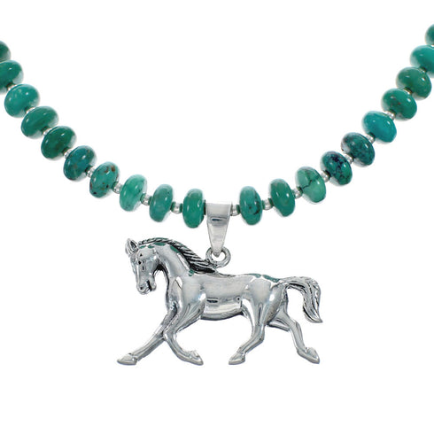 Navajo Turquoise Bead Necklace And Sterling Silver Horse Pendant Set NX11661