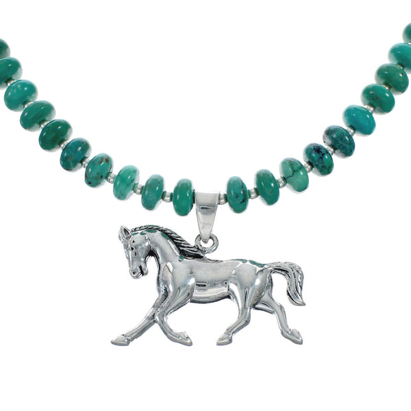 Navajo Turquoise Bead Necklace And Sterling Silver Horse Pendant Set NX11661