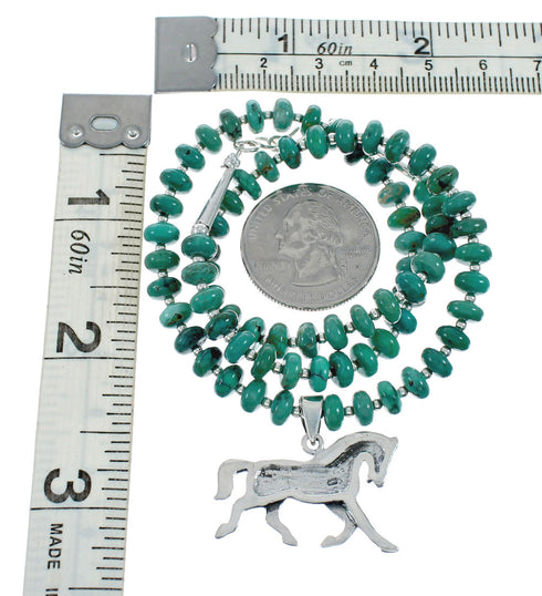 Navajo Turquoise Bead Necklace And Sterling Silver Horse Pendant Set NX11661