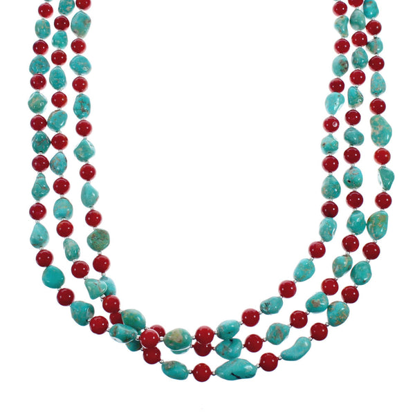 Navajo Kingman Turquoise And Coral Sterling Silver 3-Strand Bead Necklace NX11650