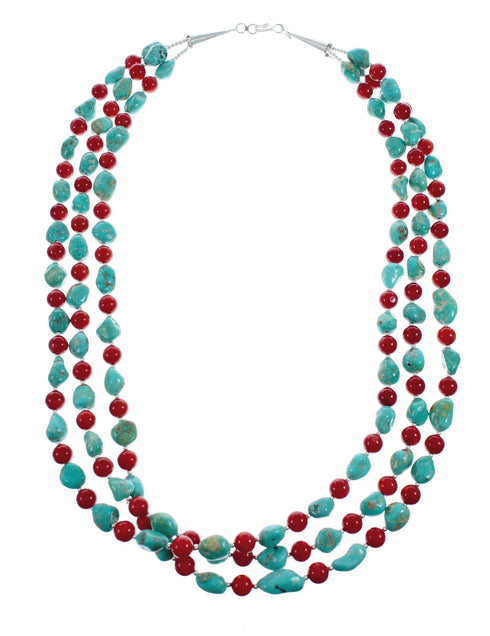 Navajo Kingman Turquoise And Coral Sterling Silver 3-Strand Bead Necklace NX11650
