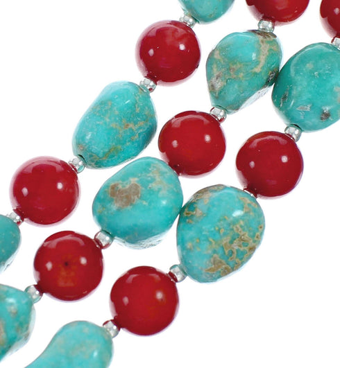 Navajo Kingman Turquoise And Coral Sterling Silver 3-Strand Bead Necklace NX11650