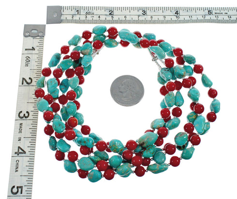 Navajo Kingman Turquoise And Coral Sterling Silver 3-Strand Bead Necklace NX11650