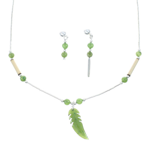 Green Jasper Leaf Liquid Silver Bamboo Native American Bead Necklace Set NX11673