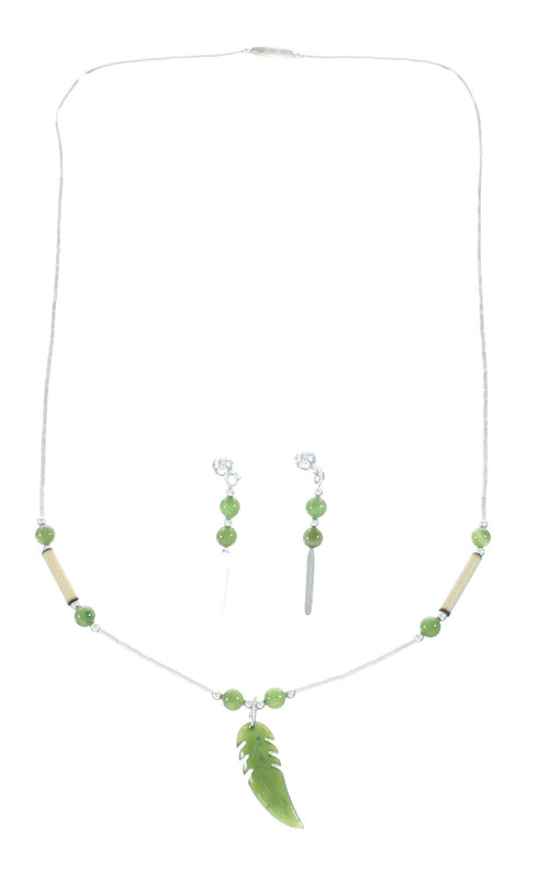 Green Jasper Leaf Liquid Silver Bamboo Native American Bead Necklace Set NX11673