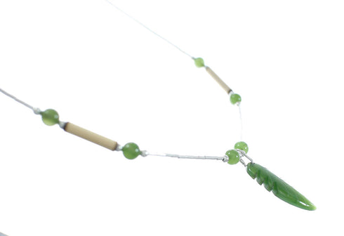 Green Jasper Leaf Liquid Silver Bamboo Native American Bead Necklace Set NX11673