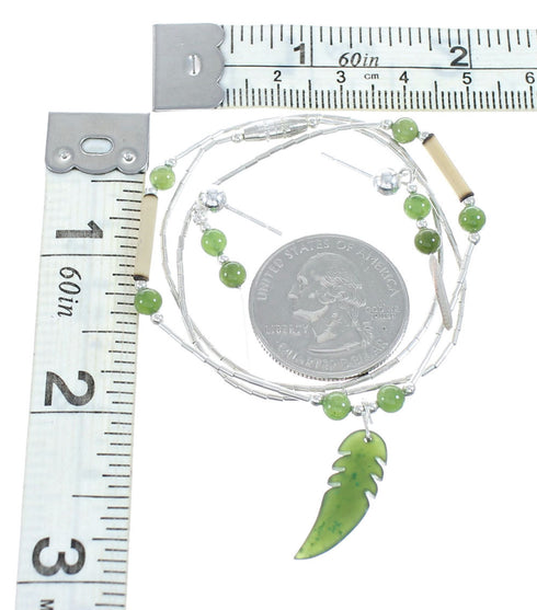 Green Jasper Leaf Liquid Silver Bamboo Native American Bead Necklace Set NX11673