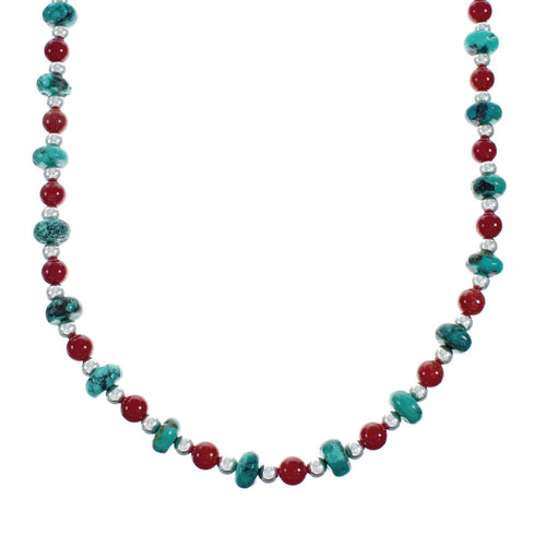 Navajo Turquoise Coral Sterling Silver Bead Necklace X11125