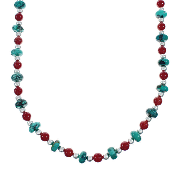 Navajo Turquoise Coral Sterling Silver Bead Necklace X11125