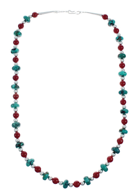 Navajo Turquoise Coral Sterling Silver Bead Necklace X11125