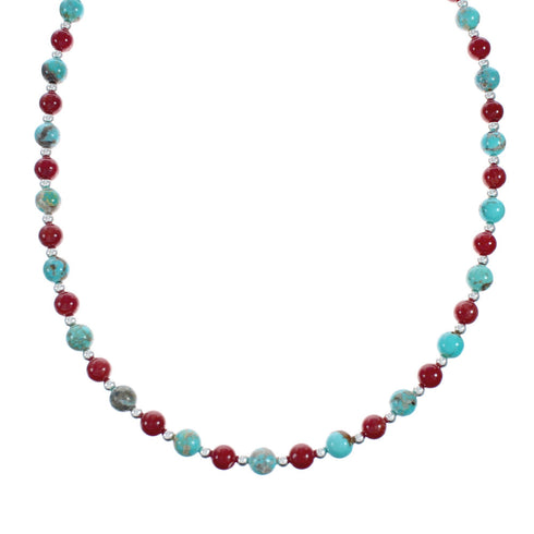 Native American Navajo Turquoise Coral Sterling Silver Bead Necklace X11126