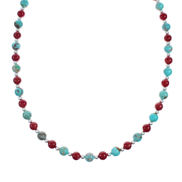 Native American Navajo Turquoise Coral Sterling Silver Bead Necklace X11126