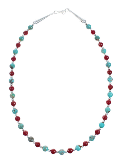 Native American Navajo Turquoise Coral Sterling Silver Bead Necklace X11126