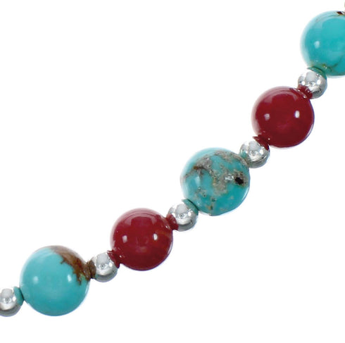 Native American Navajo Turquoise Coral Sterling Silver Bead Necklace X11126