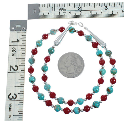 Native American Navajo Turquoise Coral Sterling Silver Bead Necklace X11126