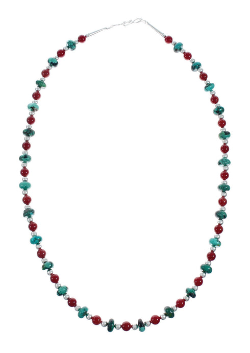 Navajo Turquoise Coral Sterling Silver Bead Necklace X11127