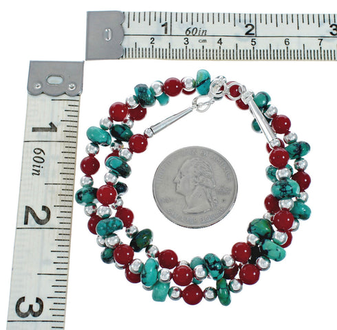 Navajo Turquoise Coral Sterling Silver Bead Necklace X11127