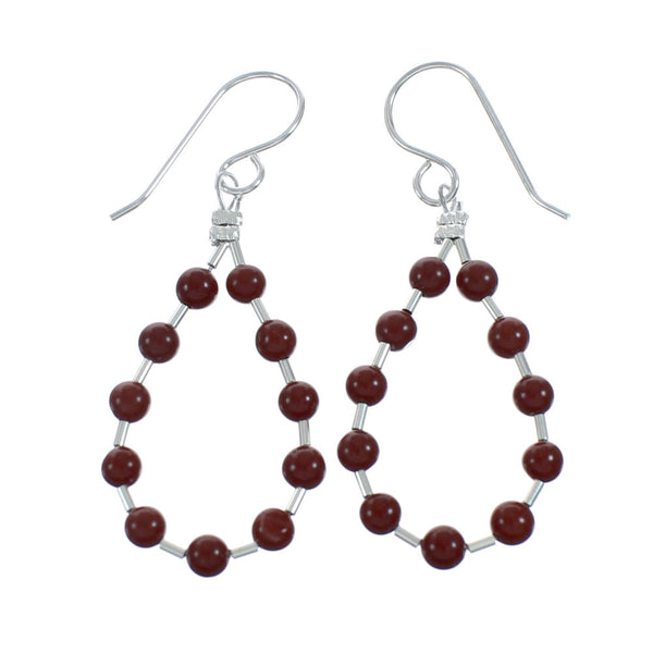 Native American Red Jasper Sterling Silver Dangle Hook Bead Earrings X11099