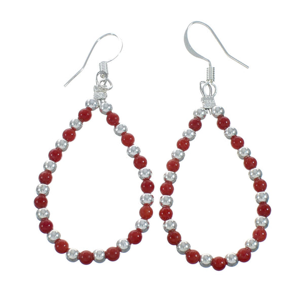 Navajo Coral Bead Hook Dangle Sterling Silver Earrings X11100