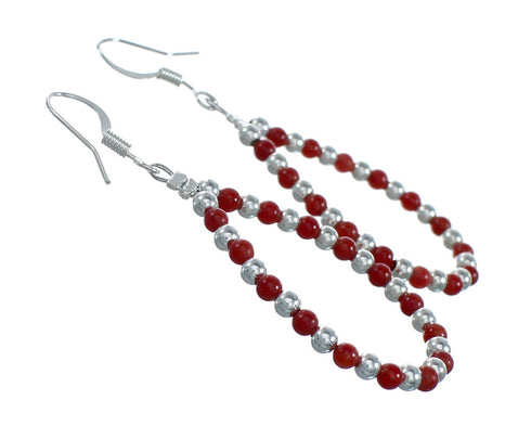 Navajo Coral Bead Hook Dangle Sterling Silver Earrings X11100