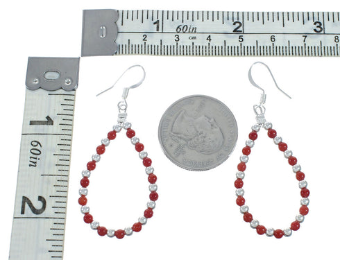 Navajo Coral Bead Hook Dangle Sterling Silver Earrings X11100