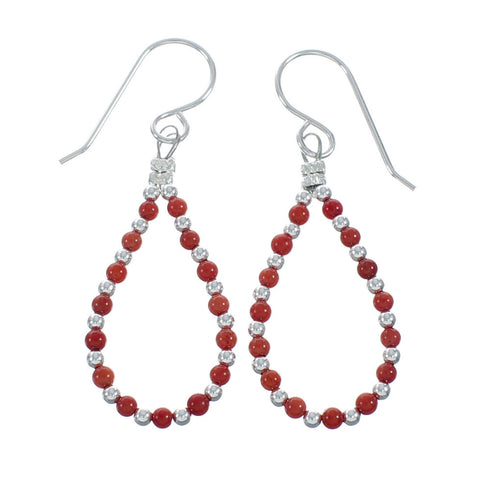 Native American Navajo Coral Bead Hook Dangle Sterling Silver Earrings X11103
