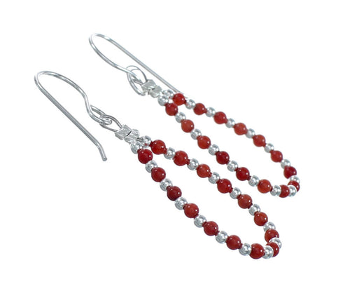 Native American Navajo Coral Bead Hook Dangle Sterling Silver Earrings X11103