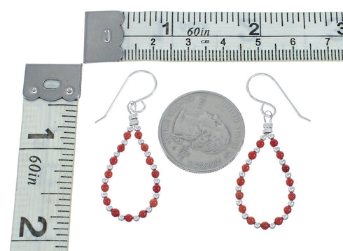 Native American Navajo Coral Bead Hook Dangle Sterling Silver Earrings X11103