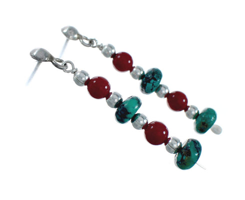 Navajo Turquoise And Coral Sterling Silver Bead Post Dangle Earrings X11107