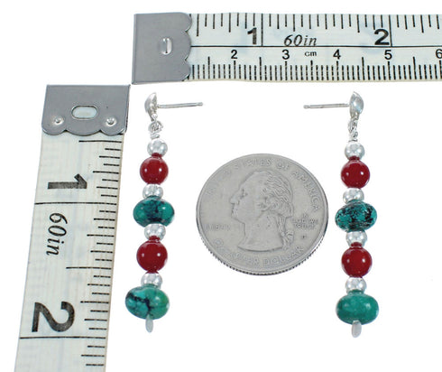 Navajo Turquoise And Coral Sterling Silver Bead Post Dangle Earrings X11107