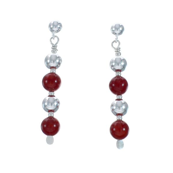 Genuine Navajo Sterling Silver Coral Bead Post Dangle Earrings X11108