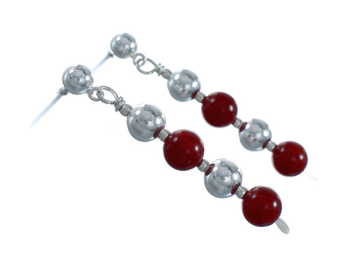 Genuine Navajo Sterling Silver Coral Bead Post Dangle Earrings X11108