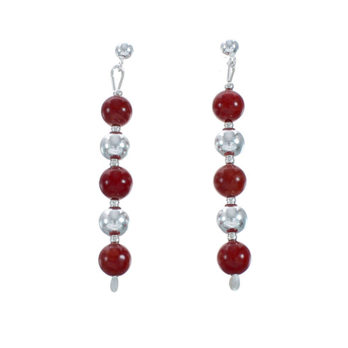 Genuine Navajo Sterling Silver Coral Bead Post Dangle Earrings X11109