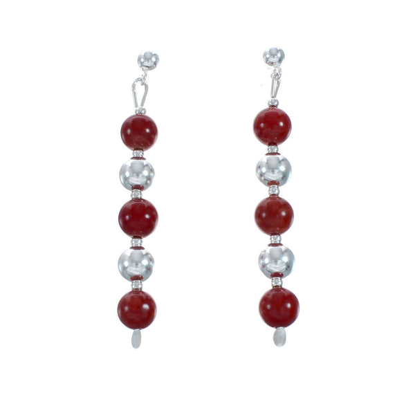 Genuine Navajo Sterling Silver Coral Bead Post Dangle Earrings X11109