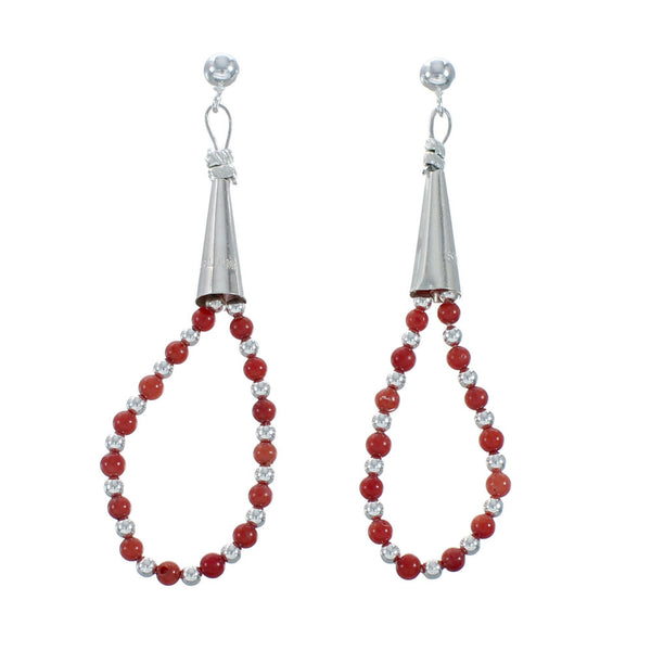 Native American Navajo Sterling Silver Coral Bead Post Dangle Earrings X11110