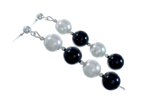 Sterling Silver Mother Of Pearl And Onyx Bead Post Dangle Earrings X11111
