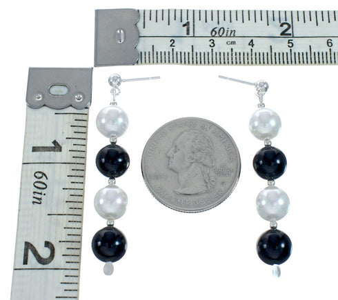 Sterling Silver Mother Of Pearl And Onyx Bead Post Dangle Earrings X11111