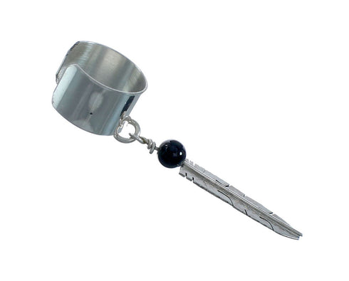 Native American Onyx Sterling Silver Feather Cuff Dangle Earring X11113