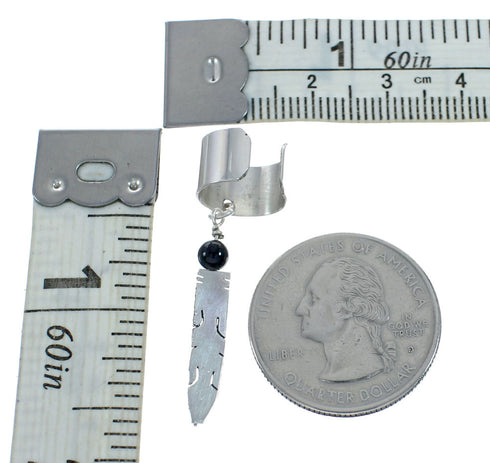 Native American Onyx Sterling Silver Feather Cuff Dangle Earring X11113