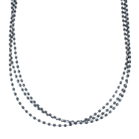 Hand Strung 3-Strand Liquid Silver & Hematite Necklace Jewelry X11158