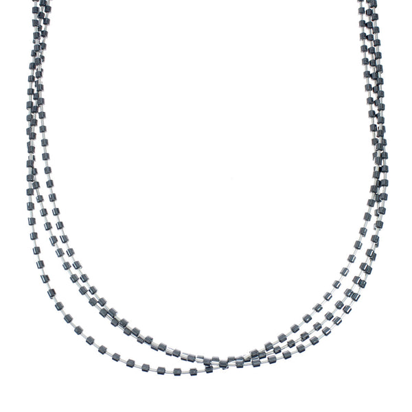 Hand Strung 3-Strand Liquid Silver & Hematite Necklace Jewelry X11158