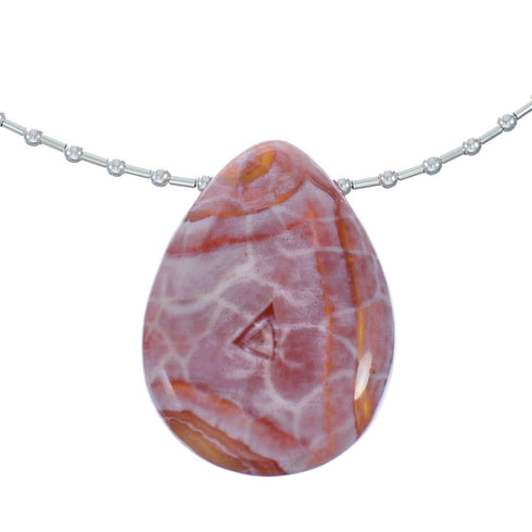 Native Sterling Liquid Silver Beaded Necklace And Jasper Pendant X11168