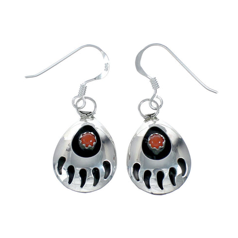 Navajo Coral Sterling Silver Bear Paw Hook Dangle Earrings X11145