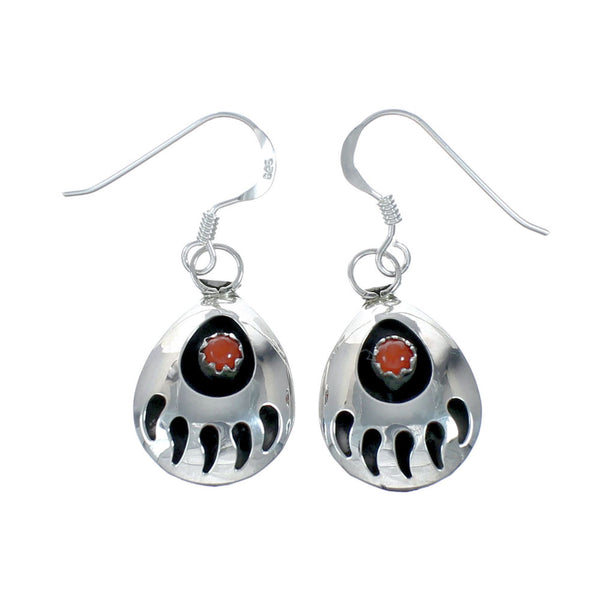 Navajo Coral Sterling Silver Bear Paw Hook Dangle Earrings X11145