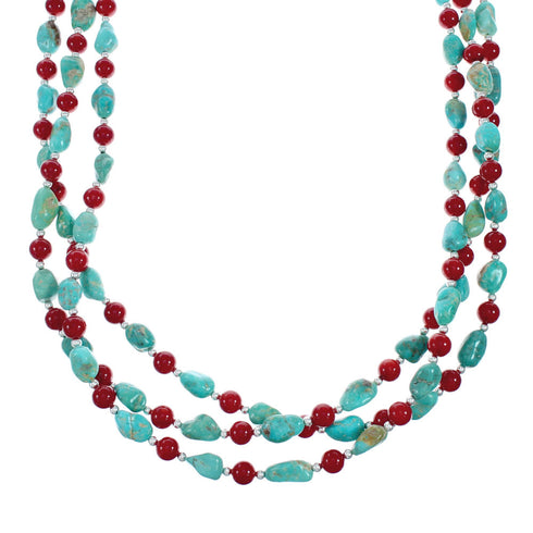 Navajo 3-Strand Sterling Silver Kingman Turquoise And Coral Bead Necklace X11178